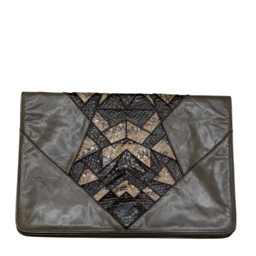 ANDREA PFISTER FOR AMEN WARDY - GREY BROWN TAN SNAKE EMBOSSED LEATHER CLUTCH BAG - Picture 2 of 13